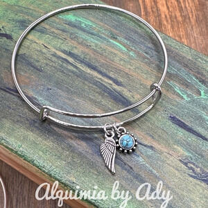 Silver angel wing medal bangle bracelet adjustable turquoise sun pendant…